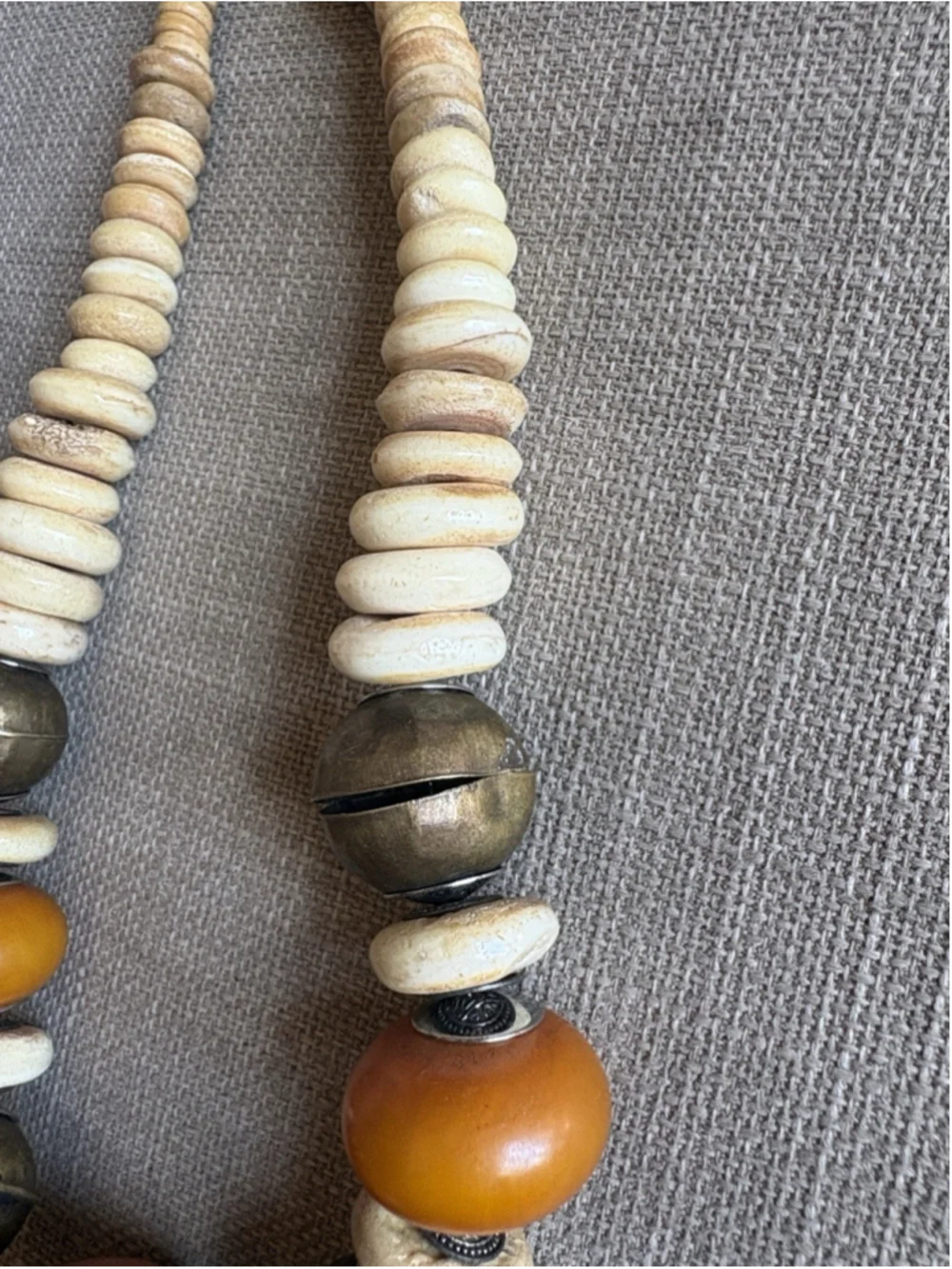 Vtg African Copal Amber Resin Bead Necklace Chunky Tribal Bone Brass Statement